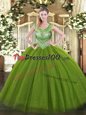 New Arrival Floor Length Olive Green Quinceanera Dress Tulle and Sequined Sleeveless Beading