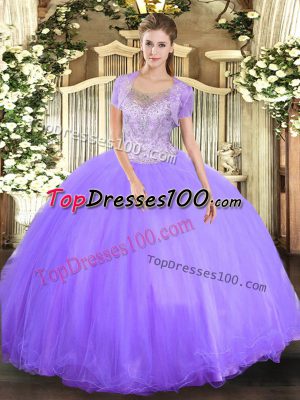 Trendy Floor Length Clasp Handle 15 Quinceanera Dress Lavender for Military Ball and Sweet 16 and Quinceanera with Beading