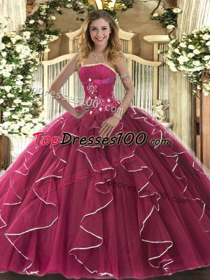 Dramatic Tulle Strapless Sleeveless Lace Up Beading and Ruffles Sweet 16 Quinceanera Dress in Fuchsia