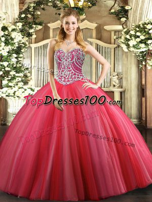 Ideal Coral Red Sleeveless Beading Floor Length Quinceanera Dresses