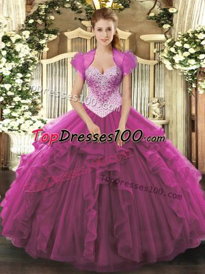 Nice Beading Sweet 16 Dress Fuchsia Lace Up Sleeveless Floor Length
