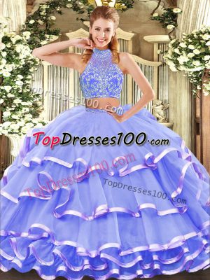 New Arrival Sleeveless Tulle Floor Length Criss Cross Quinceanera Dresses in Lavender with Beading and Ruffled Layers