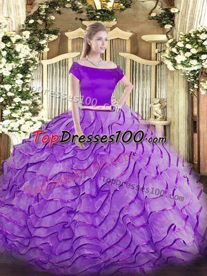 Amazing Lavender Quinceanera Gowns Military Ball and Sweet 16 and Quinceanera with Appliques and Ruffles Off The Shoulder Short Sleeves Brush Train Zipper