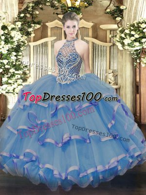 Inexpensive Organza Halter Top Sleeveless Lace Up Beading and Ruffles Vestidos de Quinceanera in Blue