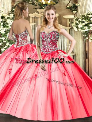 Ball Gowns Quinceanera Dress Coral Red Sweetheart Tulle Sleeveless Floor Length Lace Up