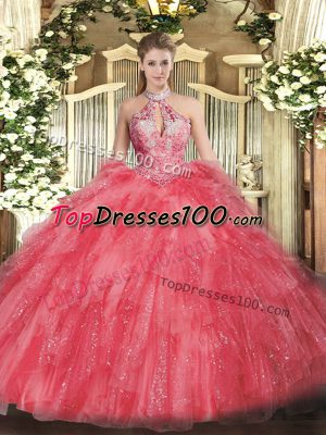 Coral Red Halter Top Lace Up Beading and Ruffles Quinceanera Gown Sleeveless