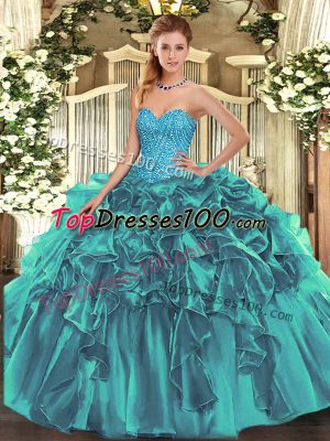 Fitting Teal Organza Lace Up Sweetheart Sleeveless Floor Length 15 Quinceanera Dress Beading and Ruffles