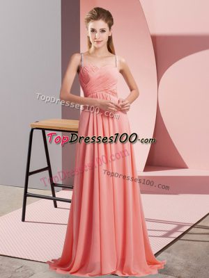 Watermelon Red Chiffon Backless Spaghetti Straps Sleeveless Sweep Train Ruching