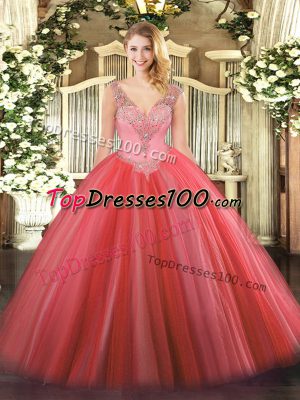 Customized Floor Length Ball Gowns Sleeveless Coral Red Quinceanera Gown Lace Up