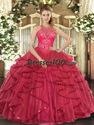 Coral Red Sweet 16 Dresses Military Ball and Sweet 16 and Quinceanera with Beading and Ruffles High-neck Sleeveless Lace Up