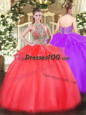 Coral Red Tulle Lace Up Quinceanera Dresses Sleeveless Floor Length Beading and Ruffles
