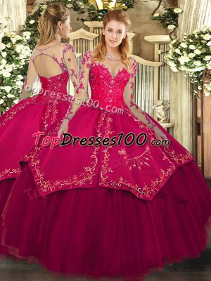 High Quality Long Sleeves Organza and Taffeta Floor Length Lace Up Ball Gown Prom Dress in Wine Red with Lace and Embroidery