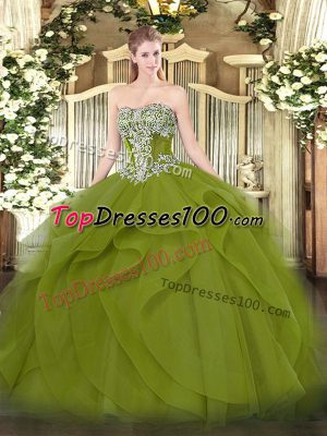 Hot Selling Strapless Sleeveless Tulle Quinceanera Dress Beading and Ruffles Lace Up