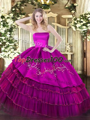 Lovely Fuchsia Quince Ball Gowns Military Ball and Sweet 16 and Quinceanera with Embroidery and Ruffled Layers Strapless Sleeveless Zipper