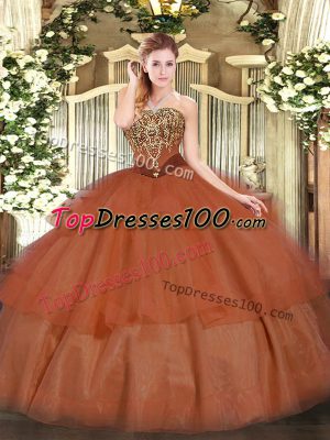 Rust Red Ball Gowns Tulle Strapless Sleeveless Beading and Ruffled Layers Floor Length Lace Up Sweet 16 Quinceanera Dress