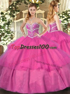 Luxury Sweetheart Sleeveless Tulle Sweet 16 Quinceanera Dress Beading and Ruffled Layers Lace Up
