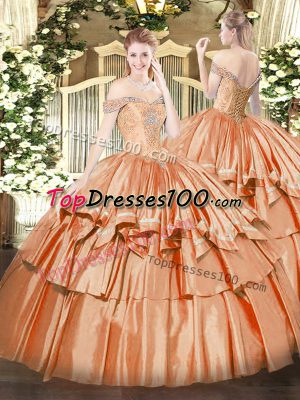 New Style Orange Red Ball Gowns Beading and Ruffled Layers Ball Gown Prom Dress Lace Up Organza Sleeveless Floor Length