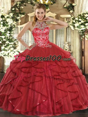 Beading and Ruffles Quinceanera Dresses Coral Red Lace Up Sleeveless Floor Length