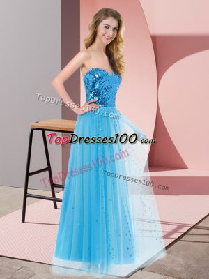 Attractive Blue Sleeveless Sequins Floor Length Juniors Party Dress