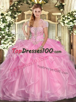 Sexy Ball Gowns Sweet 16 Quinceanera Dress Rose Pink Strapless Organza Sleeveless Floor Length Lace Up