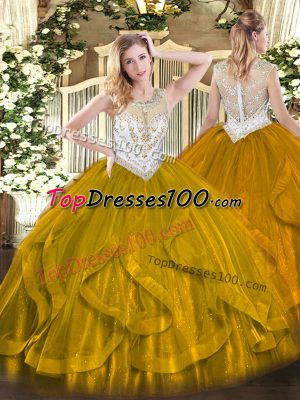 Low Price Sleeveless Tulle Floor Length Zipper Quinceanera Gowns in Brown with Beading and Ruffles