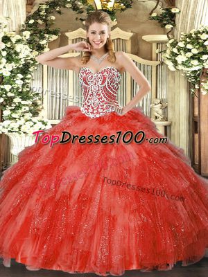Coral Red Ball Gowns Tulle Sweetheart Sleeveless Beading and Ruffles Floor Length Side Zipper Sweet 16 Quinceanera Dress