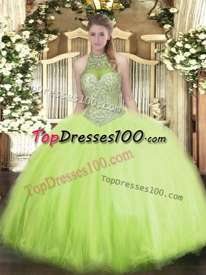 Halter Top Sleeveless Lace Up Quinceanera Dresses Yellow Green Tulle
