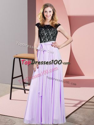 Sleeveless Floor Length Lace and Belt Lace Up Prom Party Dress with Lavender