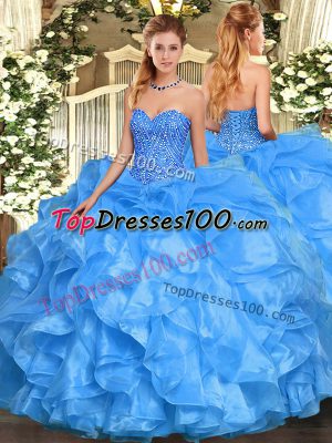 Fitting Baby Blue Quince Ball Gowns Military Ball and Sweet 16 and Quinceanera with Beading and Ruffles Sweetheart Sleeveless Lace Up
