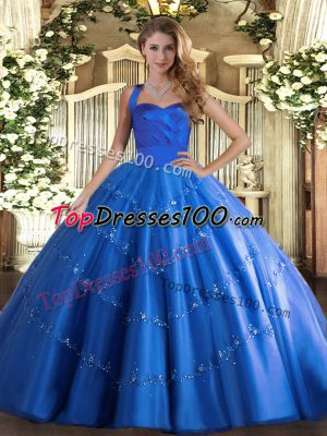 Deluxe Blue Quinceanera Dresses Military Ball and Sweet 16 and Quinceanera with Appliques Halter Top Sleeveless Lace Up