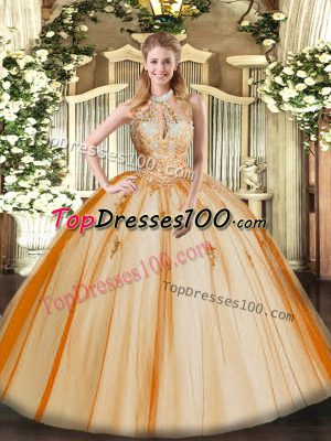 Ball Gowns Vestidos de Quinceanera Orange Red Halter Top Tulle Sleeveless Floor Length Lace Up