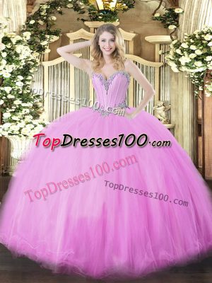 Lilac Tulle Lace Up Sweetheart Sleeveless Floor Length Ball Gown Prom Dress Beading