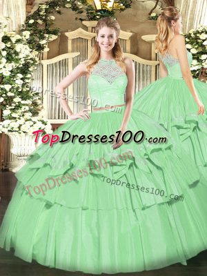 Wonderful Floor Length Zipper Quinceanera Gown Apple Green for Military Ball and Sweet 16 and Quinceanera with Lace and Ruffled Layers