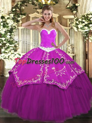 Fuchsia Lace Up Sweetheart Appliques and Embroidery Vestidos de Quinceanera Organza and Taffeta Sleeveless