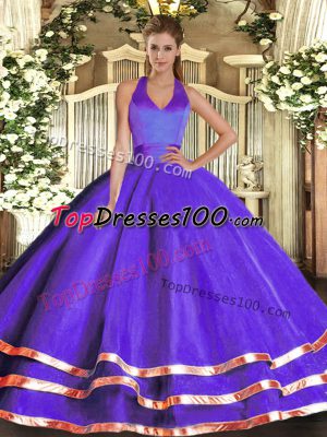 High Class Purple Halter Top Lace Up Ruffled Layers Quinceanera Gown Sleeveless