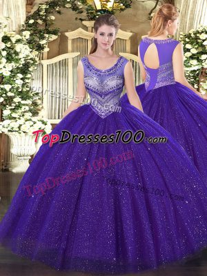 New Style Purple Scoop Lace Up Beading Sweet 16 Dress Sleeveless
