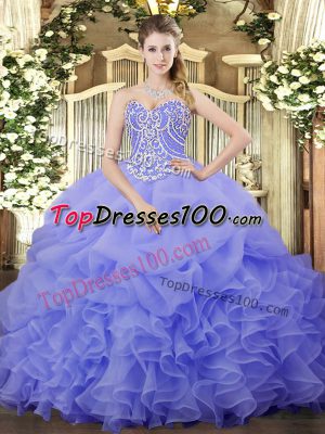 Flare Lavender Sleeveless Floor Length Beading and Ruffles and Pick Ups Lace Up 15th Birthday Dress