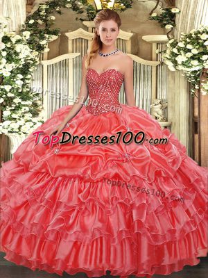 Coral Red Quince Ball Gowns Military Ball and Sweet 16 and Quinceanera with Beading and Ruffles and Pick Ups Sweetheart Sleeveless Lace Up
