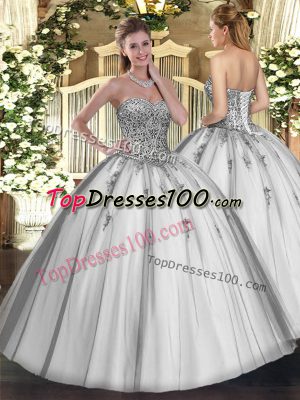 Floor Length Ball Gowns Sleeveless Grey Quinceanera Gown Lace Up