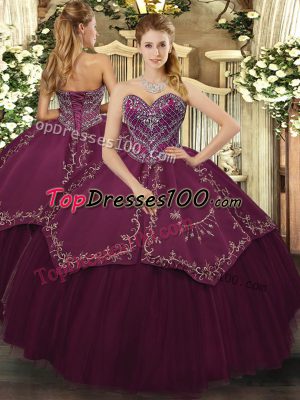 Sweetheart Sleeveless Lace Up Ball Gown Prom Dress Burgundy Taffeta and Tulle
