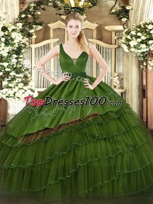 Gorgeous Dark Green Ball Gowns Straps Sleeveless Organza and Taffeta Floor Length Zipper Beading and Embroidery and Ruffled Layers 15th Birthday Dress