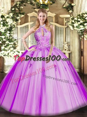 Sumptuous Fuchsia Halter Top Neckline Lace and Appliques 15th Birthday Dress Sleeveless Lace Up