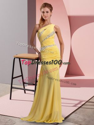 Yellow Column/Sheath Chiffon One Shoulder Sleeveless Beading Floor Length Lace Up Prom Gown Sweep Train