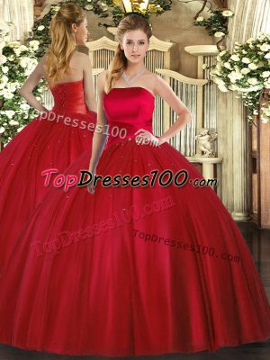 Nice Red Ball Gowns Ruching Sweet 16 Dresses Lace Up Tulle Sleeveless Floor Length