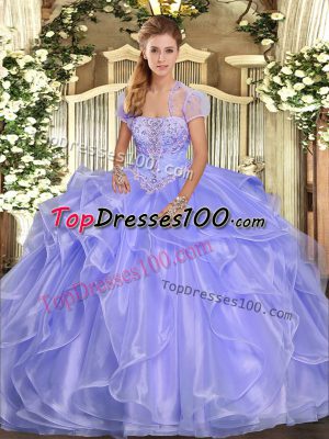 Floor Length Lace Up Sweet 16 Dress Lavender for Military Ball and Sweet 16 and Quinceanera with Appliques and Ruffles