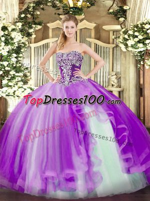 Beauteous Lavender Strapless Lace Up Beading and Ruffles 15th Birthday Dress Sleeveless