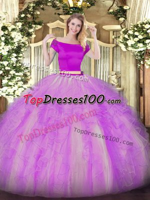 Fabulous Lilac Short Sleeves Floor Length Appliques and Ruffles Zipper Quince Ball Gowns