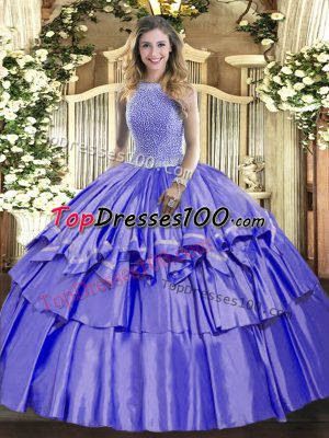 Sleeveless Organza and Taffeta Floor Length Lace Up Quinceanera Gown in Lavender with Beading and Ruffled Layers