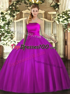Fuchsia Tulle Lace Up Sweet 16 Dress Sleeveless Floor Length Ruching