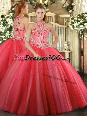 Superior Coral Red Ball Gowns Halter Top Sleeveless Tulle Floor Length Lace Up Embroidery Sweet 16 Dresses